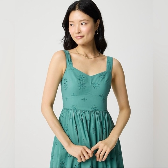 J.Crew Mineral Green Eyelet Cotton Midi Sundress Pockets Fit Flare Size 8 - Picture 2 of 14